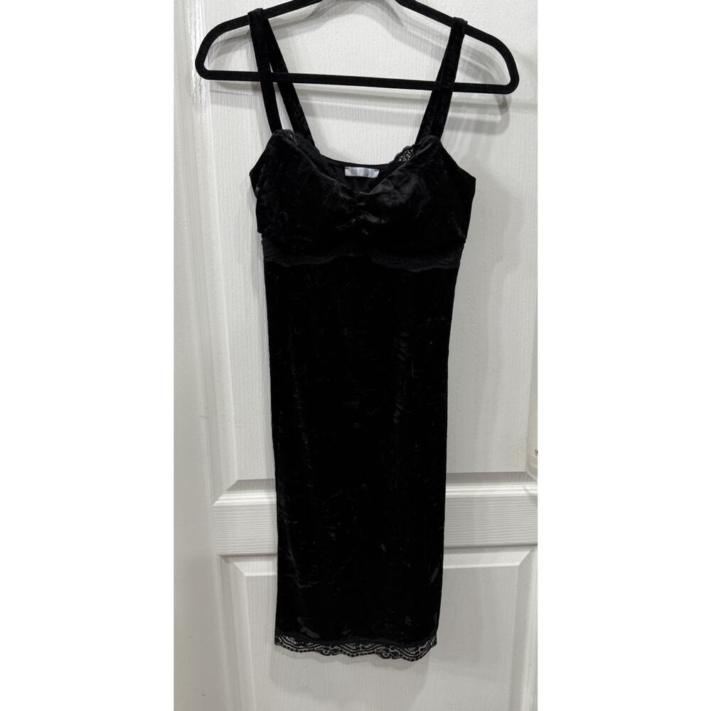 Y2K Crushed Velvet Bodycon Mini Dress Black Lace Trim Sz 2 Slip Dress 90’s Goth - Picture 2 of 12
